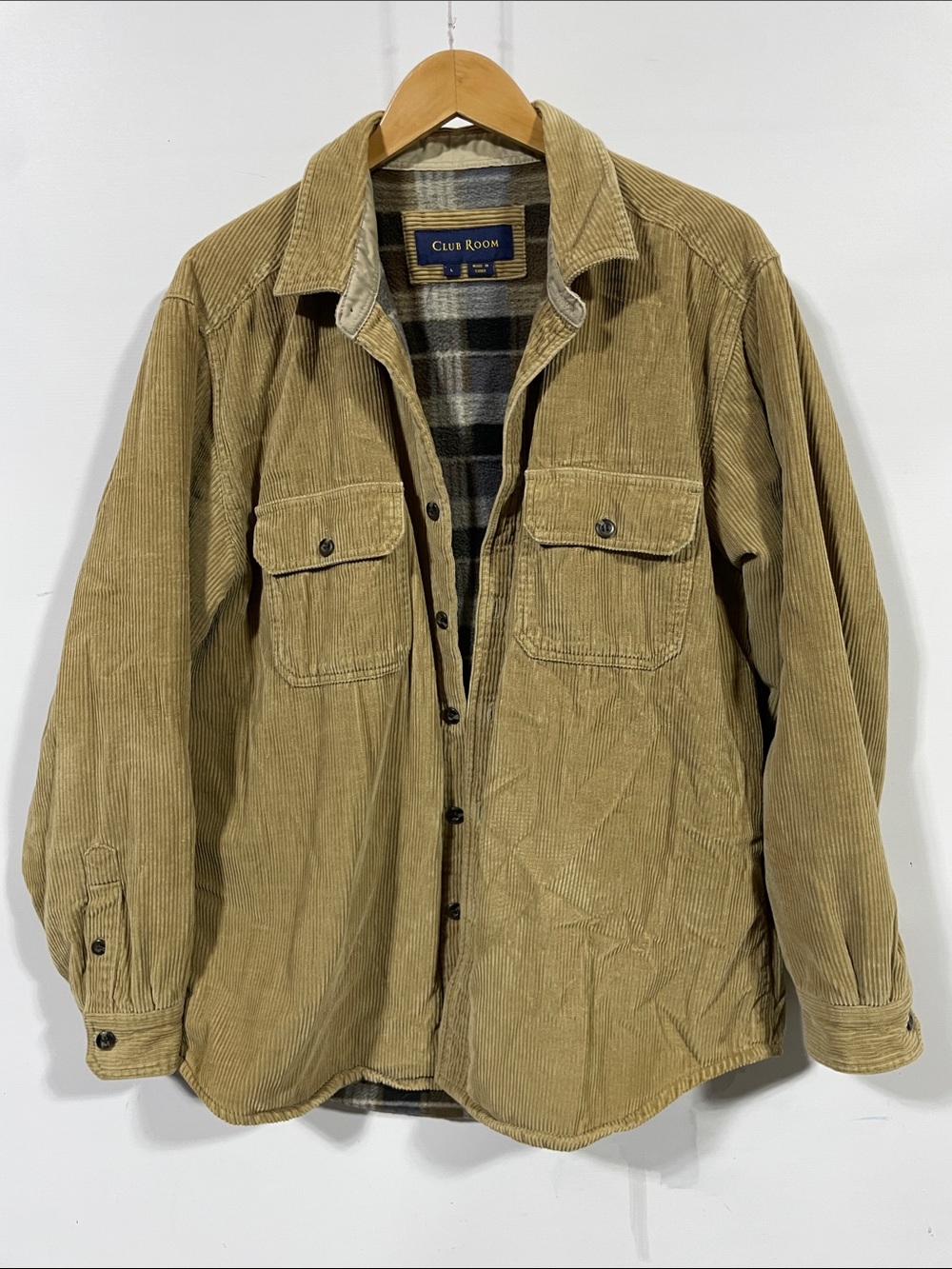 Club Room Men's Tan Corduroy Shirt Jacket with Plaid Lining